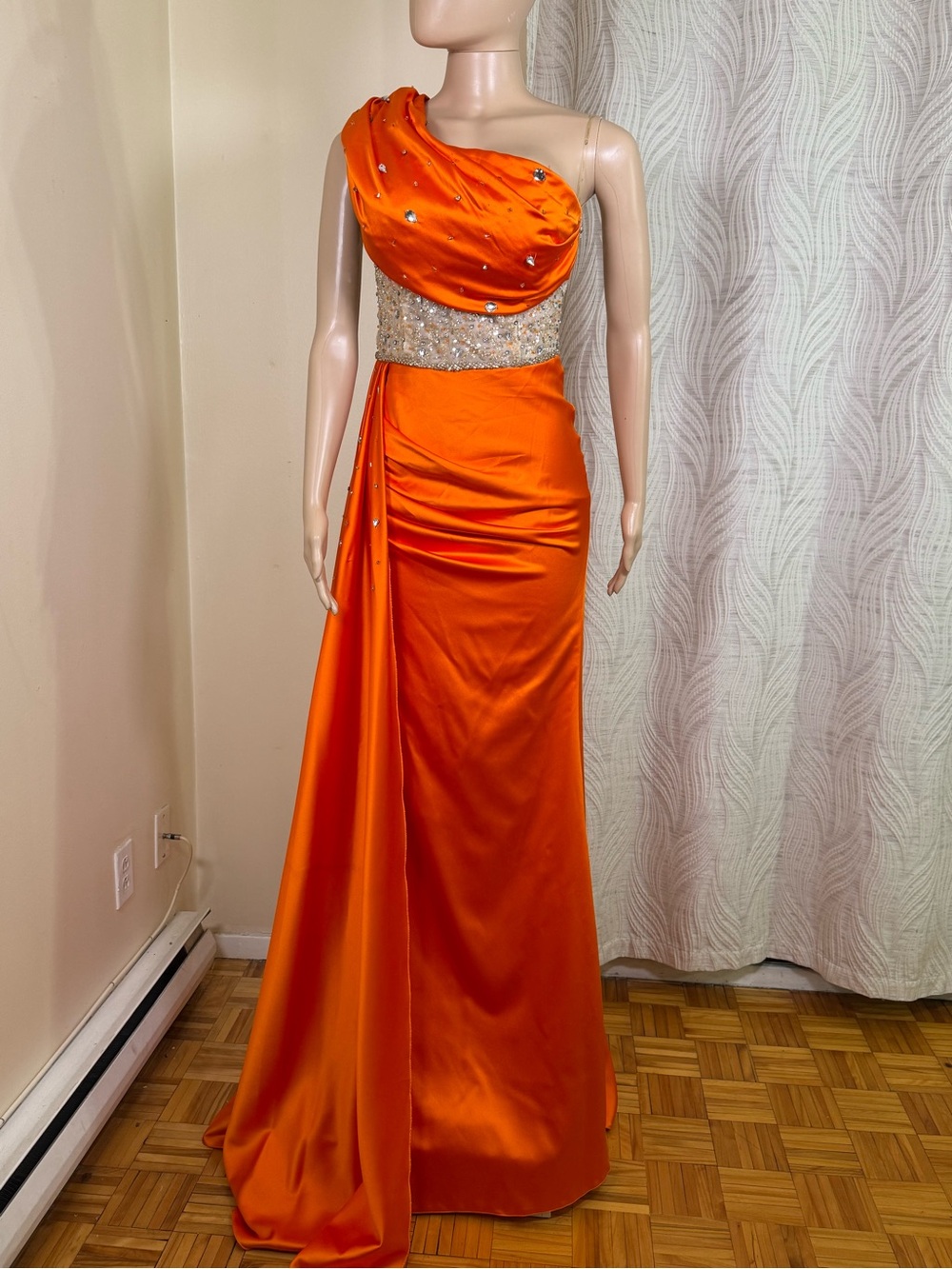 One-Shoulder Orange Evening Gown with Beaded Waist
